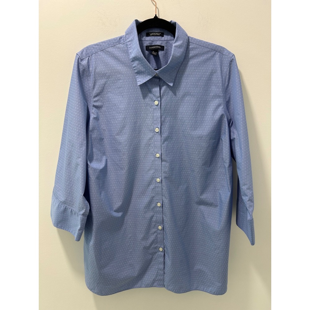 Lands End Womens 20W Blue Wrinkle Free Broadcloth Pindot 3/4 Sleeve Shirt